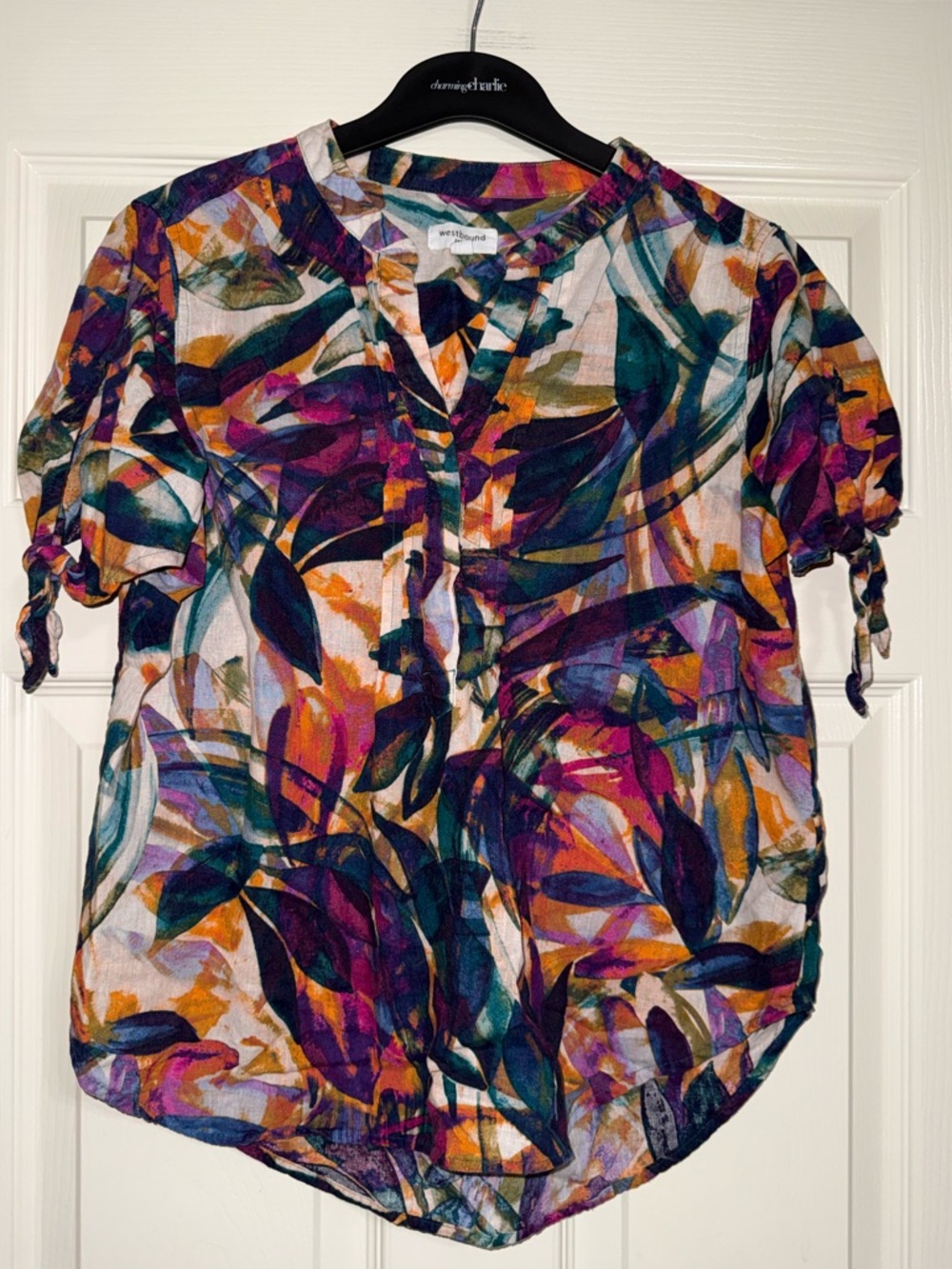 Westbound Petite Small Leaf-Print Short Sleeve Blouse